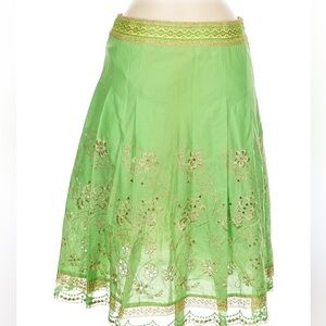 RARE Express bohemian skirt size 4 sequin lace gold green Fully Lined Cotton